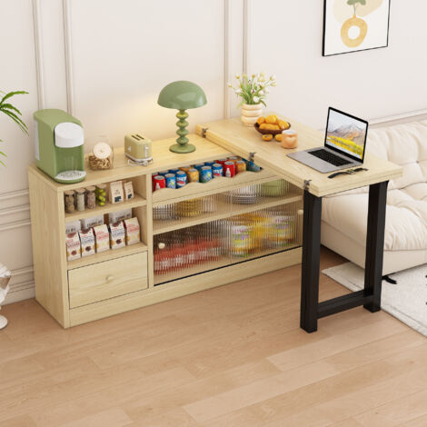 Aparador de cocina con barra giratoria 360°, 2 puertas de cristal y 1 cajón, almacenamiento abierto, MDF, color natural