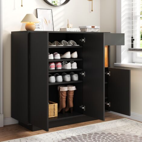 Zapatero para 14 a 18 pares, aparador de cocina de 3 puertas y 1 cajón, LED, estantes ajustables, mueble para recibidor/sala de estar, negro (1/5)