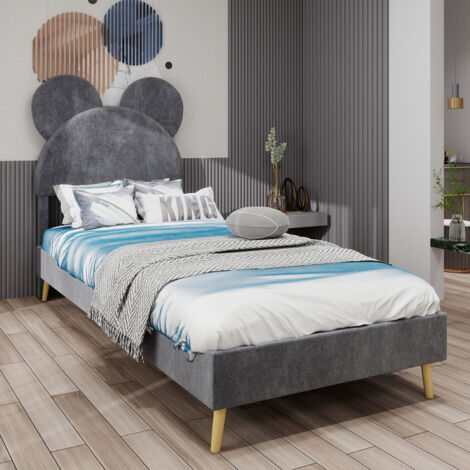 Cama infantil/adulta de 140x200 cm, cama doble, cabecero con diseño de dibujos animados, somier tapizado de láminas, colchón no incluido, MDF, gris (1/5)