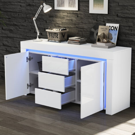 Aparador de cocina con 2 puertas y 3 cajones, cómoda, mueble de almacenaje con iluminación LED - Recibidor/Salón, MDF, 140x40x65 cm, blanco