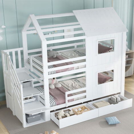Litera infantil de 90x200 cm con 2 cajones, somier de láminas, diseño de casita, escalera con almacenaje, colchón no incluido, MDF, blanca