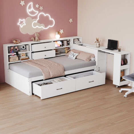 Sofá cama infantil de madera de 90x200 cm con almacenaje, cama individual/juvenil, 4 cajones, enchufes, escritorio deslizante, blanco