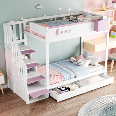 Litera infantil de 2 plazas 90x200 cm, con 2 cajones, escalera con almacenaje, somier de 2 láminas, arcón extraíble, sin colchón, pino, rosa