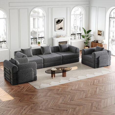 Sofá cama de chenilla convertible con cojines, sillón, sofá tapizado con reposabrazos y almacenaje - Combinación libre, 6 plazas, gris