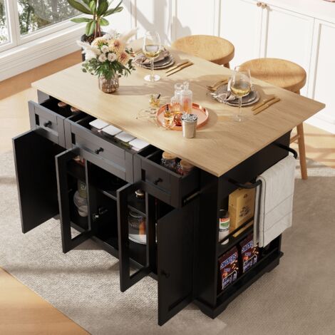 Carrito de cocina con ruedas, mesa plegable, isla central, 2 puertas de cristal, 3 cajones, toallero y especiero, MDF, negro