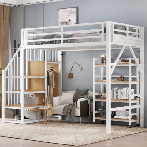 Cama alta infantil de 90x200 cm, individual para adolescentes, con estante y armario, colchón no incluido, anticaídas, metal + MDF, blanca