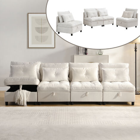 Sofá recto de 4 plazas, sofá modular con almacenaje, mueble para salón/dormitorio, relleno de espuma, tapizado en chenilla, color beige