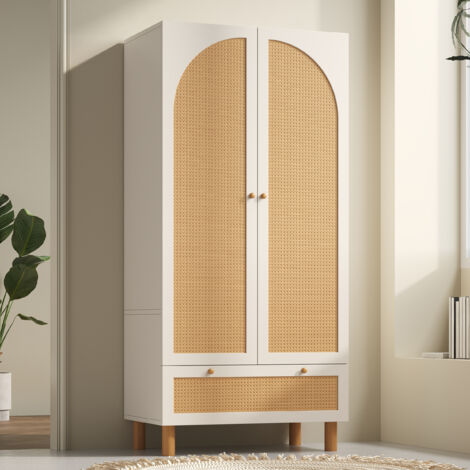 Armario de 180 cm con 2 puertas y 1 cajón, estantes ajustables y barra para colgar ropa, ratán tejido, antivuelco, MDF, acabado natural