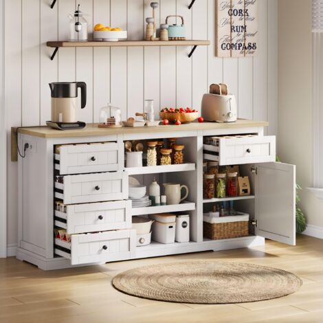 Aparador de cocina con mesa plegable, 5 cajones, 1 puerta, 2 estantes deslizantes, toma de corriente + puerto USB, MDF, 150×45/65×75 cm, blanco + natural