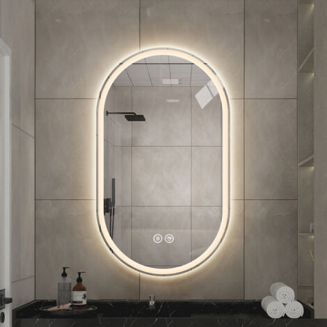 Espejo de pared ovalado con iluminación tricolor, espejo de baño, brillo ajustable, irrompible, 60×100 cm