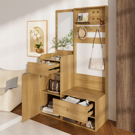 Perchero de madera independiente con espejo, zapatero de 2 cajones, ganchos ajustables, 105 x 38 x 180 cm, natural (1/5)