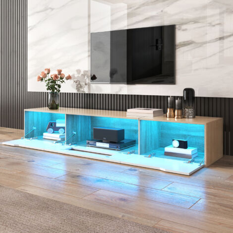 Mueble de TV bajo, 180x35x30cm, con iluminación LED de 16 colores, 3 compartimentos de almacenamiento, capacidad de carga de 30 kg - HAUSS SPOLE, blanco (1/5)