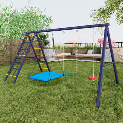 Columpio de 310x174x203cm, con 3 columpios, estantes para trepar y canasta de baloncesto. Apto para niños de 3 a 8 años. Fabricado en metal, azul oscuro
