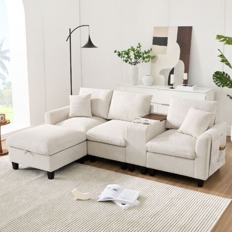 Sofá esquinero en forma de L de 4 plazas, reposapiés con almacenaje, 2 portavasos, puerto USB, tapizado en pana, 229×149,5×83 cm, color beige