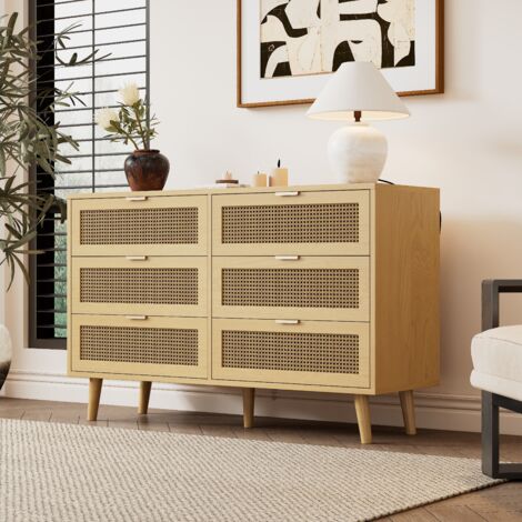 Cómoda de 6 cajones, aparador de cocina, diseño de ratán, con tiradores metálicos - salón/recibidor, 120×76,5×40 cm, color natural