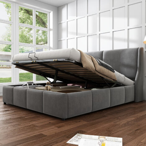 Cama con almacenaje de 140x200 cm, hidráulica, para adulto/doble, con respaldo acolchado, tapizada en terciopelo gris, sin colchón