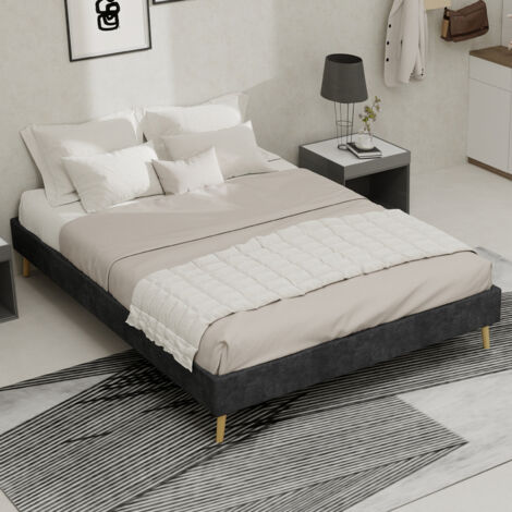 Cama doble para adulto de 140x200 cm, con 4 patas, tapizada en terciopelo y somier de láminas de MDF, sin cabecero ni colchón, color gris (1/5)