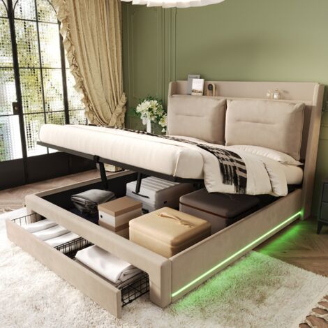 Cama con almacenamiento 180x200 cm, iluminación LED, tapizada, elevador hidráulico, con cajón de almacenaje, sin colchón, terciopelo, beige