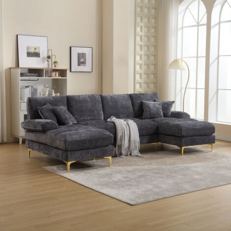 Sofá esquinero 474×136×88cm, con chaise longue doble + 4 cojines, sofá de salón, tejido chenilla, gris