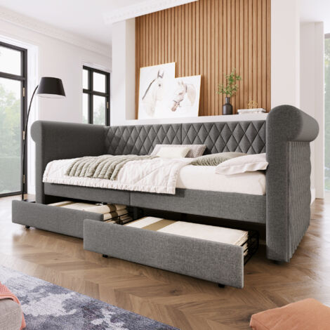 Sofá cama infantil 90×200 cm con 2 cajones, cama individual tapizada, sin colchón, lino, gris