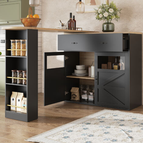 Aparador con mesa bar extensible, 1 cajón, 2 puertas, MDF, 138/204×39×104 cm, negro