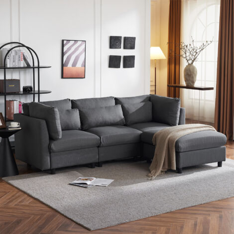 Sofá esquinero en L, 3 plazas + 1 chaise longue, sofá de salón, diseño moderno, 220x83x65cm, Lino, gris