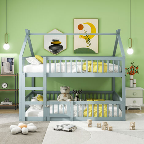 Litera infantil 140x200cm, altillo con escalera, diseño loft, anticaídas, madera, colchón no incluido, color gris