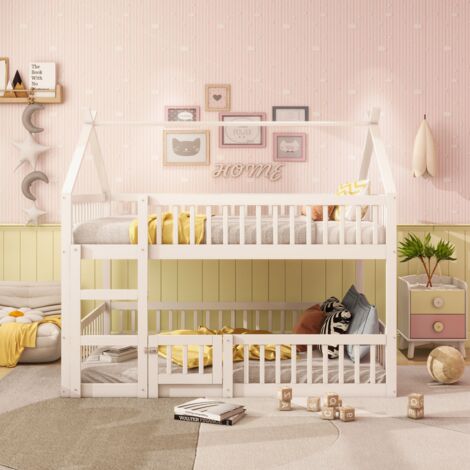 Litera infantil 140x200cm, cama altillo con escalera, diseño loft, anticaída, madera, colchón no incluido, color blanco