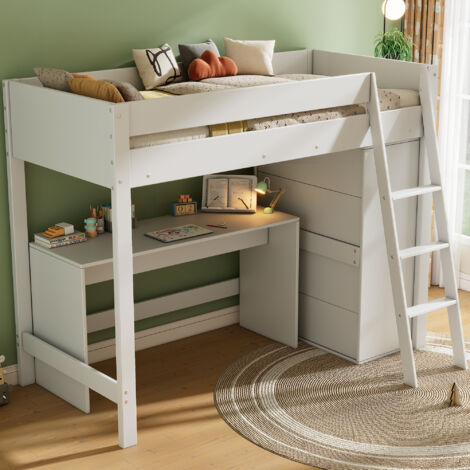 Cama infantil 90x200cm, cama alta, con escalera, escritorio + armario, sin colchón, en madera, color blanco