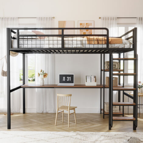 Cama alta infantil 140x200 cm con escritorio y estantería, estructura de cama individual en hierro, metal y MDF, colchón no incluido, color negro