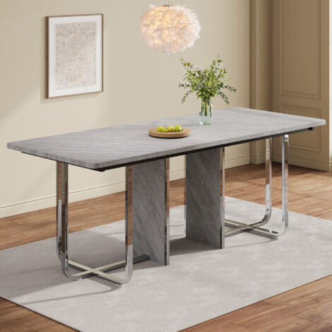Mesa de comedor rectangular, 180x80x75cm, diseño patchwork moderno, patas de metal, capacidad para 4 a 6 personas, MDF + Metal, gris + plata (1/5)