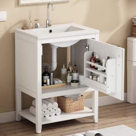 Mueble de lavabo individual de 60 cm con lavabo de cerámica y mueble de almacenaje, estantes, MDF, blanco