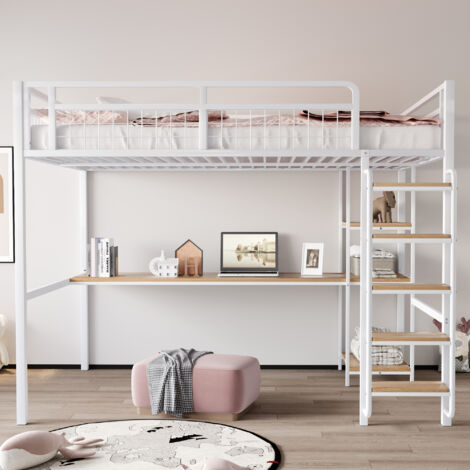 Cama alta infantil 140x200 cm con escritorio y estantería, estructura de cama individual en hierro, metal y MDF, colchón no incluido, color blanco
