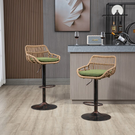 2 taburetes de bar acolchados, giratorios 360°, altura de la silla ajustable, lino + ratán PE + metal, caqui oscuro + verde