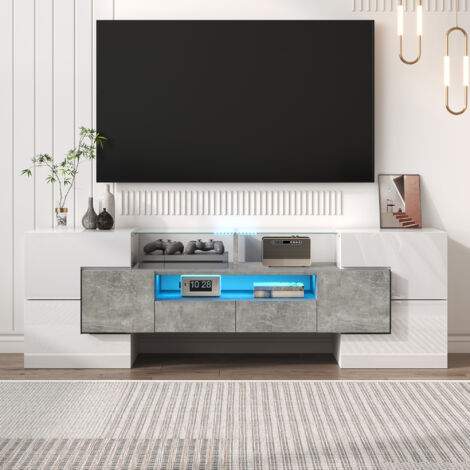 Mueble de TV, acabado brillante, 145x30x51cm, iluminación LED, 2 cajones, múltiples compartimentos de almacenamiento, tamaño máximo de pantalla 50-59 pulgadas, blanco + gris