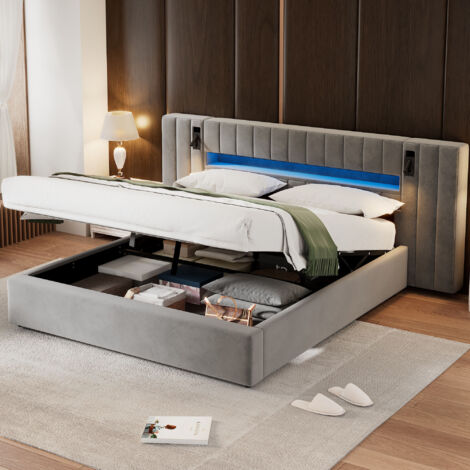 Cama de 180x200 cm con canapé y puerto USB, cama doble tapizada, iluminación LED, cama de adulto con lámpara de noche, colchón no incluido, terciopelo, gris (1/5)