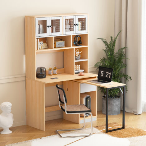 Mueble tipo librería con escritorio extraíble, tocador y vitrina, 110x55x180cm, color blanco y natural (1/5)