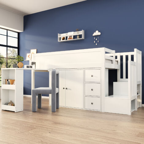Cama alta infantil 90x200 cm, escritorio extraíble + mueble de almacenaje + 3 cajones, escalera de almacenaje, MDF, blanco