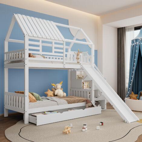 Litera 90x200cm con cajones, cama infantil con tobogán, almacenaje en el hueco de la escalera, pino + MDF, blanco, sin colchón - B