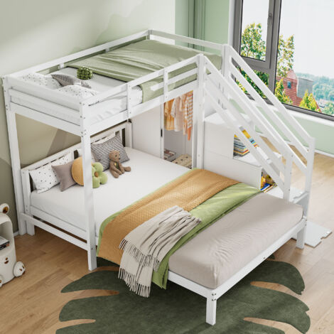 Litera infantil 90×200-140×200cm, con escalera de almacenaje y armario, barandilla de seguridad, colchón no incluido, MDF, blanco