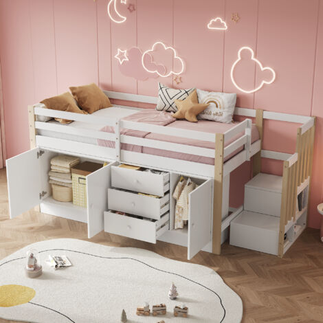 Cama alta infantil 90×200 cm, 3 cajones + 3 puertas, barandillas de seguridad y escalera de almacenaje, colchón no incluido, MDF, blanco