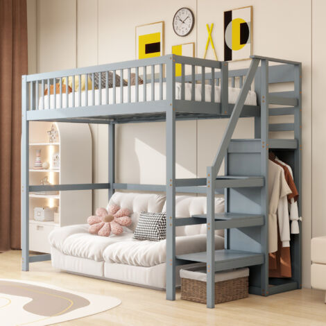 Cama infantil de 90x200 cm, cama alta, con armario, cama de madera, protección anticaídas, sin colchón, color gris