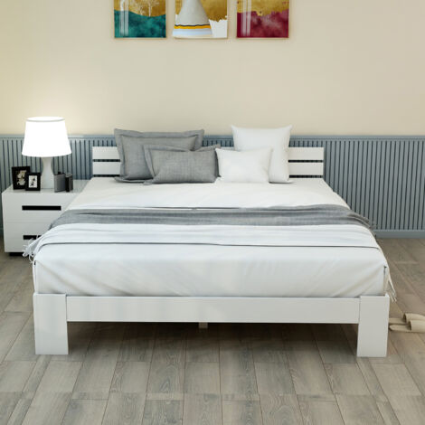 Cama para adultos de 140x200 cm, cama doble de madera de pino, estructura de cama con cabecero, color blanco (1/5)