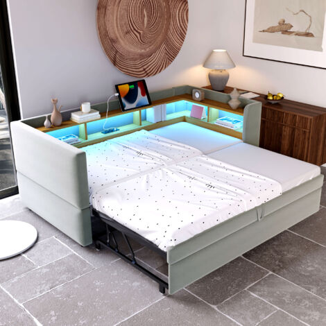 Sofá cama convertible 90/180×190 cm, cama infantil tapizada con iluminación LED, almacenaje abierto y enchufes, colchón no incluido, MDF, gris