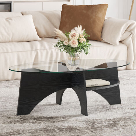 Mesa de centro ovalada en cristal de seguridad transparente, con estantes, base de MDF negro efecto madera, 104,9x60x35,6 cm