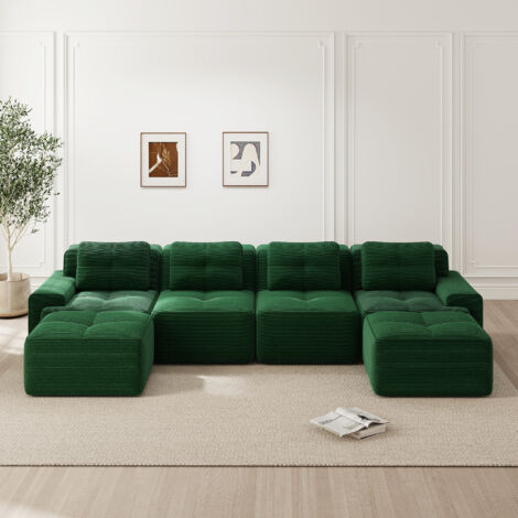 Sofá modular de pana, sofá esquinero en forma de U de 4 plazas con reposapiés, asiento de 74 cm de profundidad, no requiere montaje - verde