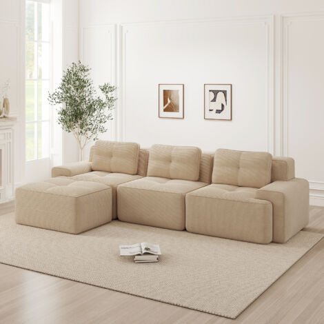 Sofá modular de pana, sofá esquinero de 3 plazas en L con reposapiés, asiento de 74 cm de profundidad, no requiere montaje - Beige