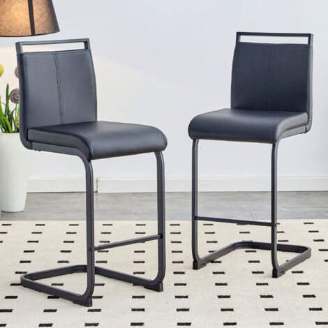 Juego de 2 taburetes de bar, 96,5 cm, con reposapiés, para comedor/cocina, asiento de PU negro, patas de metal negro