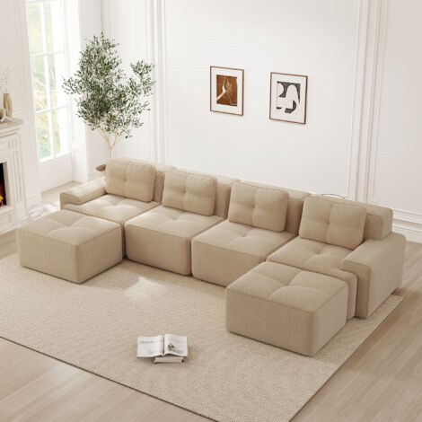 Sofá modular de pana, sofá esquinero en forma de U de 4 plazas con reposapiés, asiento de 74 cm de profundidad, no requiere montaje - beige