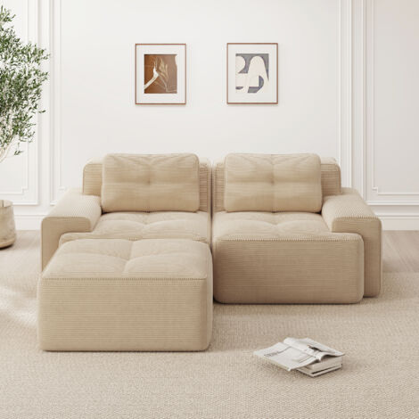 Sofá modular de pana, sofá esquinero de 2 plazas en forma de L con reposapiés, asiento de 74 cm de profundidad, no requiere montaje - beige